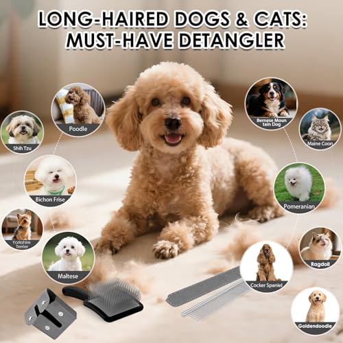 Large Dog Slicker Brush, 2 PCS Doodle Grooming Brush Kit with Comb, Black | With two leather protective covers; ideal for Goldendoodles, Poodles, Labradoodles; extra long pin; premium wooden handle. - color: Black