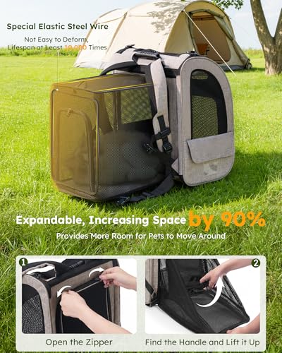 pecute Cat Backpack Expandable, Dog Carrier Backpack Breathable, Large - color: Brown, size: 15.4"L x 11"W x 19"H