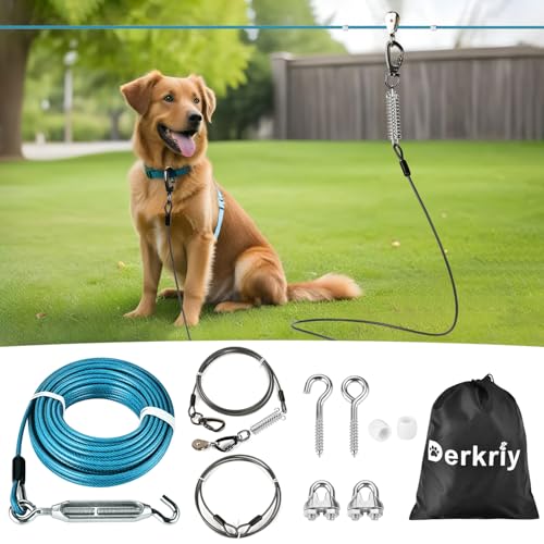 Dog Runner for Yard, Heavy Duty 100FT Dog Runs for Outside with 10FT Tie Out Cable, Trolley System Zipline for Large Dogs Up to 250lbs, Chew Proof Run Cable for Camping - color: Blue + Black, size: 100ft run cable+10ft tie out cable