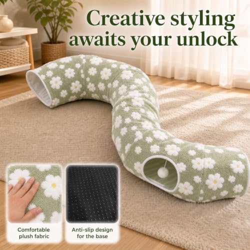 SnugTail Dachshund Tunnel Bed, Flower Design Plush Foldable Dog Cave Bed for Anti-Anxiety, Washable Covered Bed for Miniature Dachshunds, Puppies, Cats, Self-Warming Mat