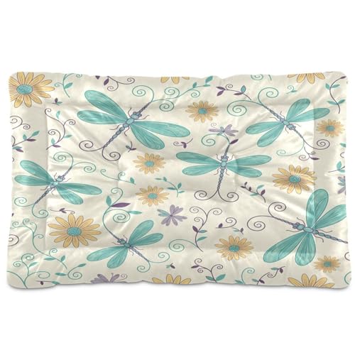 Vintage Dragonfly Pattern Pet Bed Mat for Dogs and Cats, Soft Washable Crate Pad with Non-Slip Bottom, Cozy Bed Cushion for Small Medium Large Pets, 18x24 Inch - size: Small