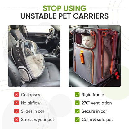 Premium Expandable Cat Carrier Backpack with Car Seat Belt Safety System – Rigid Frame Pet Carrier Backpack for Cats & Small Dogs up to 25 lbs – Breathable, Durable – Includes Bottle & Feeding Bowl - color: gray/orange