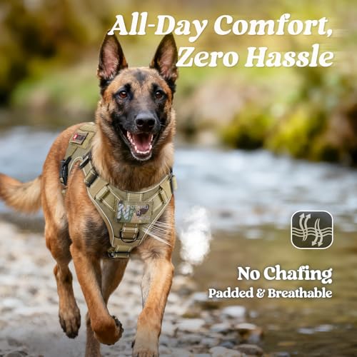 rabbitgoo Tactical Dog Harness Medium Sized, No Pull Upgraded Reflective Heavy Duty Molle Vest with Handle, Adjustable Military Service Dog Vest for Walking Hiking Training, Brown, M - color: Brown Reflective, size: Medium