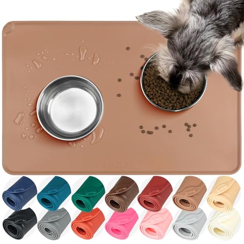 VIVAGLORY Pet Food Mat Flexmat Dog Bowl Mat, S, Khaki | Non Slip Silicone for Pet Kitten & Doggy, Placemat with Lip for Floor - color: Khaki, size: S (18.9 x 11.8in)