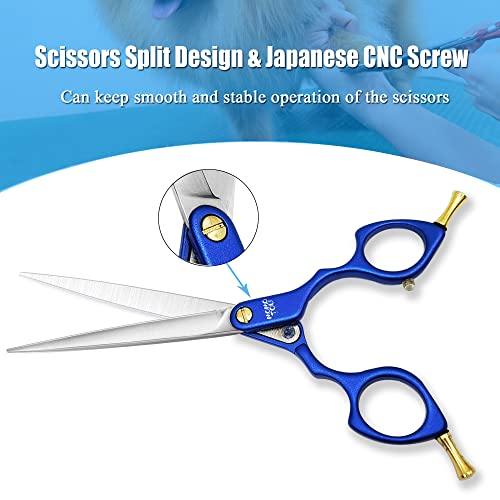 6.5'' Small Blue Straight Dog Grooming Scissors Professional Trimming Shears with Ultra-Lightweight Offset Handle 440C Stainless Steel Pet Scissors for Face and Paws - color: Blue Straight