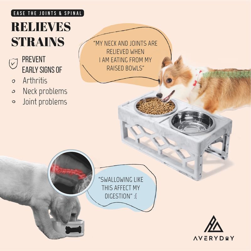 AVERYDAY Elevated Dog Bowls, 4 Height Adjustable Stand for Small and Medium Dogs, Raised Dog Feeder Holder with 2 Stainless Steel Food and Water Bowls, Anti-Slip Base Tall Feeding Station - color: Marble grey stand + 2 food bowls, size: Small