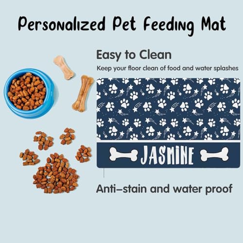Personalized Dog & Cat Food Mat with Name Waterproof PU Pet Bowl Mat Non-Slip Rubber Bottom Easy Clean Available in(24"×16", 30"×20", 36"×24") | Pet Feeding Mat for Food & Water (Blue Paw Prints) - color: Blue Paw Prints