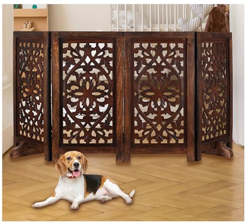 Free Standing Dog Gate – 4 Panel Foldable Wooden pet gate Indoor 56" W x 28" H, Hand-Carved Solid Wood & MDF, Portable Indoor Gate for Doorways, Halls, Stairs – Fully Assembled, Burnt Finish - color: Burnt, size: 56"x28" Lily 4 Panels