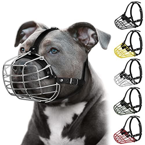 Pitbull Dog Muzzle Metal Mask Amstaff Secure Wire Basket Adjustable Durable Leather Straps for Large Dogs (Steel) - color: Steel