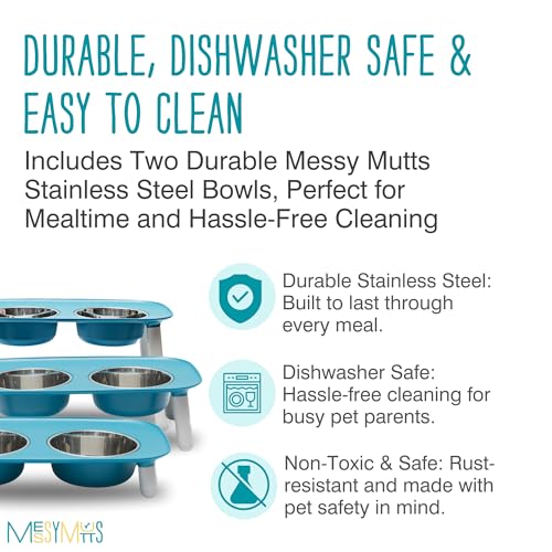Messy Mutts Elevated Double Feeder with Stainless Bowls | Adjustable Height 3”, 5”, or 10” | Adjustable Standing Feeder for Dogs | 5 Cups per Bowl | Blue - color: Blue