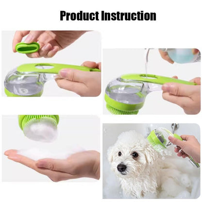 Pet Bath Brush with Shampoo Dispenser - Silicone Massage Grooming Tool for Cats & Dogs, Long Handle Dog Cat Bath Brush for Wet/Dry Use Green (ABS + Food-Grade Silicone, 7.5")