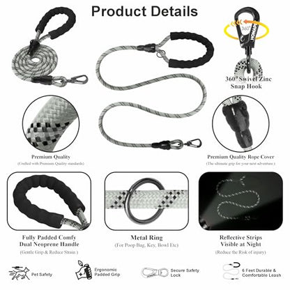 Homapet. Braided Rope Dog Leash 6 Ft with Comfortable Padded Handle Reflective Threads with Poop Bag Dispenser for Large Dogs (Light Grey-Black 6FT-1/2) - color: Light Grey-Black