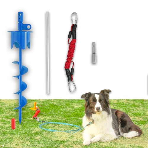 Dog Stakes for Outside Heavy Duty Hold up to 350Lbs Large Dogs Tie Out Tether Leash Chain for Yard Screw in Ground Anchors Set 17 inch Blue with Buffer Rope - color: Blue－Gradient Spiral, size: 17IN (Only Stake)