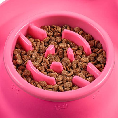 100% Waterproof BPA Free Pet Dog Bowls2 Stainless Steel（53oz+27oz） with 1.35“ Raised Edge Silicone Mat + Slow Feed Dog Water and Food Bowls for Feeding Large Dogs Cats Puppies (Pink) - color: Pink