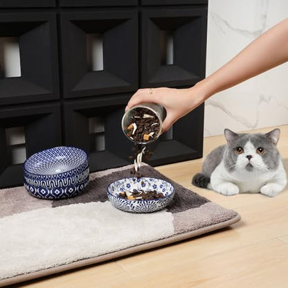 Selamica 세라믹 고양이 사료 그릇 4개 세트, 14cm(5.6인치) 너비의 얕은 고양이 그릇/음식과 물용 접시, 빈티지 블루 - color: 빈티지 블루, size: 5.6 Inch, Set of 4