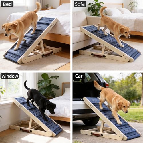 ZJSF Foldable Dog Ramp for High Bed, 32" L | Wooden Dog Stairs, for Small and Large Dogs, High Traction Platform, 4 Adjustable Heights (14.7"-20"), Supports up to 200 lbs - size: 32"L X 13.5"W
