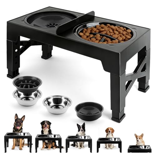 MECHEER 4-in-1 Dog Bowl Elevated Stand with Slow Feeder & Spill-Proof Water Bowl, 5-Height Adjustable Raised Dog Bowl for Large, Medium, and Small Dogs, Non-Slip Base Dog Feeding Station