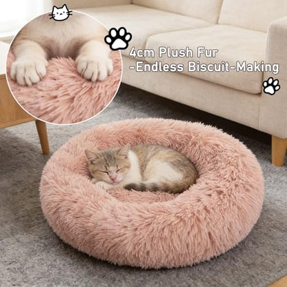 Calming Donut Dog Beds for Small Dogs Kitten - Washable Removable Cover Non-Slip Bottom, Round Pet Bed Puppy Bed Warming Fluffy Faux Fur Anti-Anxiety, Fits up to 15 lbs (Blush, 20") - color: Blush, size: 20"L x 20"W x 8"Th