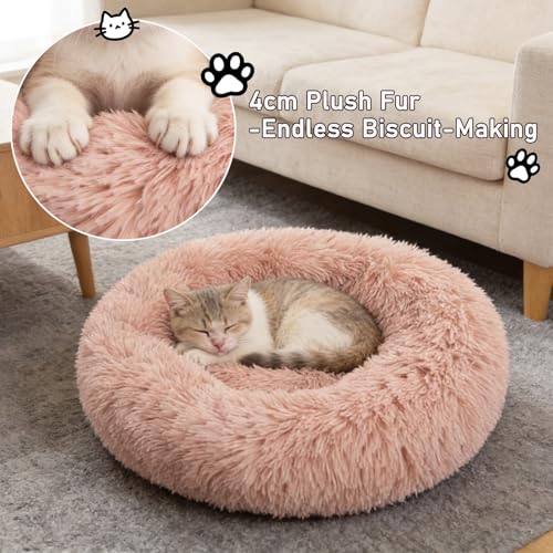 Calming Donut Dog Beds Large Sized Dog - Washable Removable Cover Non-Slip, Round Pet Bed Warming Fluffy Plush Faux Fur Anti-Anxiety Thick Cushion, Fits up to 80 lbs (Blush, 36") - color: Blush, size: 36"L x 36"W x 8"Th