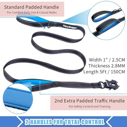 Strong Heavy Duty Dog Leash - 5ft Reflective Nylon Training Leash with Soft Padded Double Handle & Auto Lock Frog Clip - Safety Traffic Control for Large Medium Small Dogs No Pull Walk Black Blue,5ft - color: Black Blue, size: 5FT x 1" x 2.8MM