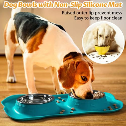 Hubulk Pet Dog Bowls 2 Stainless Steel Dog Bowl with No Spill Non-Skid Silicone Mat + Pet Food Scoop Water and Food Feeder Bowls for Feeding Small Medium Large Dogs Cats Puppies (Medium, Green) - color: Green, size: Medium
