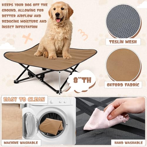 Leinuosen Elevated Dog Bed for Small Dogs 27.5" x 27.5" X8" Camping Chair Dog Portable Folding Raised Pet Cot Warm Outdoor Pet Bed with Breathable Mesh No Slip Feet Matching Carry Bag for Winter