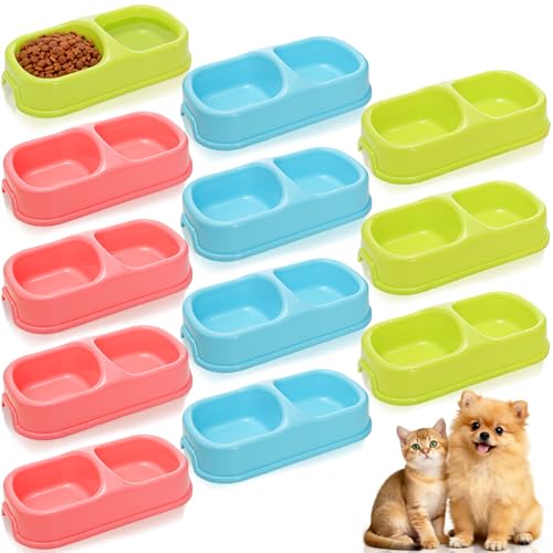 12 Pieces Plastic Double Cat Bowls, Dog Food Water Bowl Set, Puppy Feeding Dish Pet Feeder Bowls Bulk for Kennel Cattery Small Medium Size Pet Supplies, Dishwasher Safe