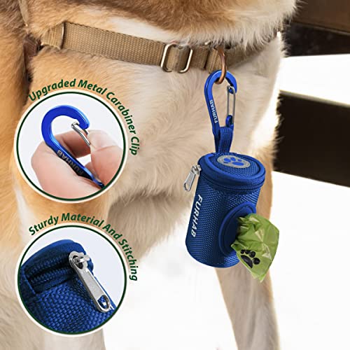 FURHAB Dog Poop Bag Holder for Leash Doggie Waste Bag Dispenser Soft Fabric Puppy Potty Carrier Small Doggy Zipper Pouch with Carabiner Clip 1680D Nylon Oxford with 1 Roll of Pet Trash Bag, Royal Blue - color: Royal Blue