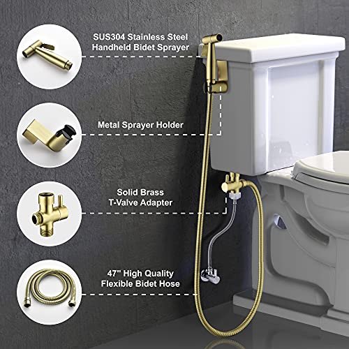 SHAMANDA Handheld Bidet Sprayer for Toilet, Stainless Steel Baby Cloth Diaper Sprayer Kit, Bathroom Toilet Bidet Attachment Set for Bathing Pets Feminine Hygiene, Brushed Gold BDS01-3 - color: Brushed Gold, style: Cold Water Mode Only