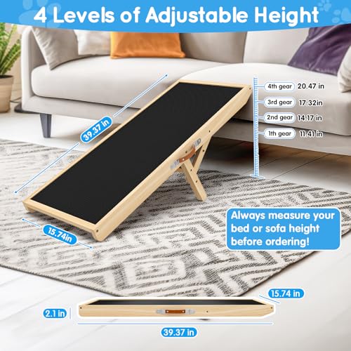 Dog Ramp for Couch with Non-Slip Silicone Mat, 39" Wooden Pet Ramps for Small Dogs, Hold up to 100lb, Adjustable Height from 11.41" to 20.47", Portable Stable Pet Step for Sofa Stairs - size: 39.37"L x 15.75"W x 1.97"H