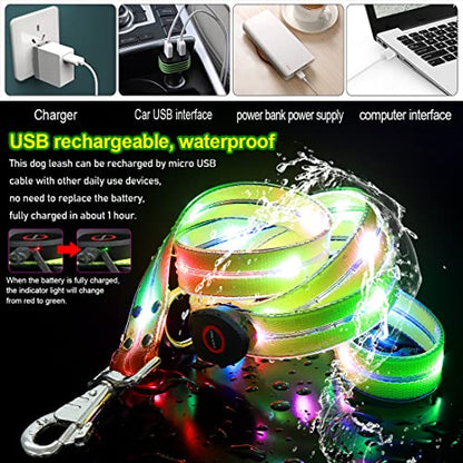 LED Waterproof Pet Dog Leash USB Rechargeable Fashionable Color Glow in the Dark Night Walk Safety Dog Leash for Medium to Large Dogs - color: Lightgreen