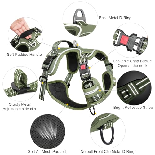Timos Dog Harness Small Sized, No Pull Pet Harness with Neck Lockable Snap,No Choke Front Clip Dog Reflective Vest,Adjustable Metal Rings 3 Buckles,Easy Control Handle for Small Dogs Green S - color: Lock Green, size: Small (Pack of 1)