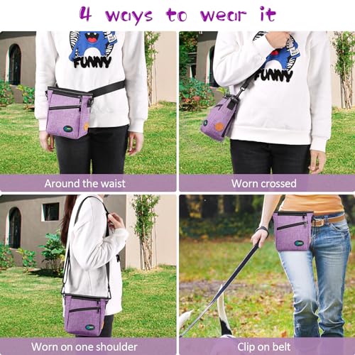 Ownpets Dog Training Pouch with Silicone Liner, Pet Treat Training Pouch with Collapsible Bowl, Shoulder Strap & Waist Strap, 4 Ways to Wear, Walking Fanny Pack for Dog Training - Purple - color: Purple