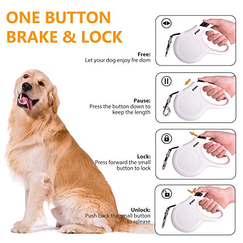Fida Retractable Dog Leash for Small Breed up to 26 lbs, 16 ft Pet Walking Leash with Dispenser and Poop Bags, Anti-Slip Handle, Reflective Strong Nylon Tape, One-Handed Brake (S, White & Pink) - color: White, size: Small, 16ft