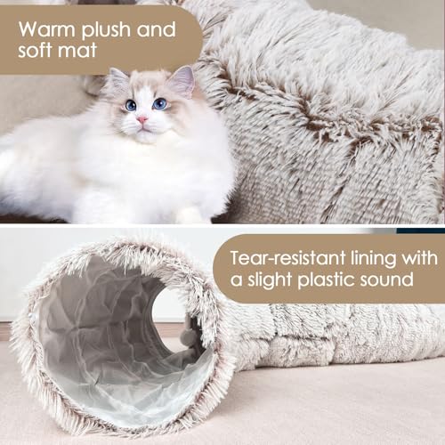 Cat Tunnel Bed for Indoor Cats, Peekaboo Cat Cave with Washable Soft Play Mat, Furry Cat Tube, for Kitten/Puppy/Rabbit, Brown - color: brown
