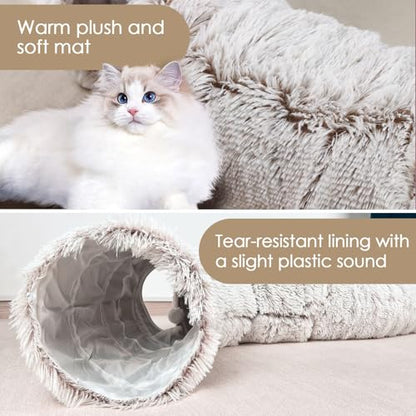 Cat Tunnel Bed for Indoor Cats, Peekaboo Cat Cave with Washable Soft Play Mat, Furry Cat Tube, for Kitten/Puppy/Rabbit, Brown - color: brown
