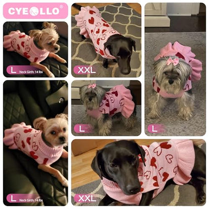 cyeollo Valentines Dog Sweater Dress, Warm Turtleneck Dog Sweaters for Small Dogs Girl, Knitted Pullover Small Dogs Sweaters, Stretchy Comfy Pet Clothes with Pink Heart Pattern and Leash Hole, S - color: 1# Valentine's Sweater Dress, size: Small