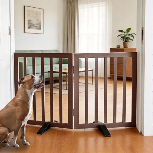 ZJSF Freestanding Indoor Dog Gate for House Foldable Wood Puppy Gate for Doorways Pet Gate for Stairs Extra Wide Pet Fence, Brown, 24" Height 2 Panels - color: Brown, size: 【2 Panels】40''w x 24''h