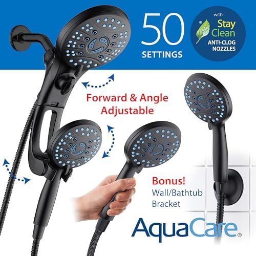 Hotel Spa AquaCare for California As-Seen-On-TV High Pressure Handheld Rain 50-mode 3-way Shower Head Combo with Adjustable Arm, Anti-clog Jets, Tub & Pet Power Wash, 6 ft. Hose, Matte Black - color: Matte Black, style: 1.8 Gallons Per Minute