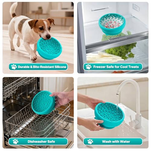 Dog Lick Bowl Slow Feeder with Slanted Anti-Spill Design, Extra-Thick Bite-Resistant Rim, Strong Suction Base, Freezer Safe for Frozen Treats — A Cleaner Alternative to Lick Mats for Dogs (Teal) - color: Teal