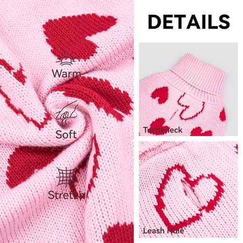 cyeollo Valentines Dog Sweater Dress, Warm Turtleneck Dog Sweaters for Small Dogs Girl, Soft Stretchy Heart Print Dogs Sweater, Comfy Pullover Knitted Pet Clothes Coat with Leash Hole, L - color: 1# Valentine's Sweater Dress, size: Large