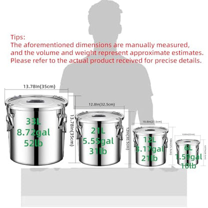 304 stainless steel food storage containers with lids lock clips airtight container large airtight for rice flour sugar grain coffee bean storage containers Kitchen jar (8.72gal/33L) - size: 8.72gal
