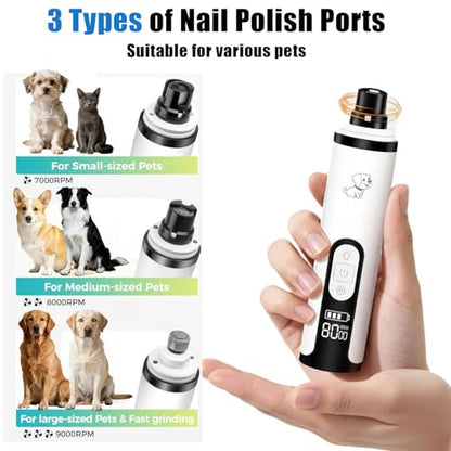 Silent Pets Nail Grinder with 2 Lights and 3 Speeds, Cordless Dog Nail Trimmers, 2000mAh Rechargeable,Painless Paws Grooming Pro for Small Medium Large Dogs & Cats (2 Replacement Heads)