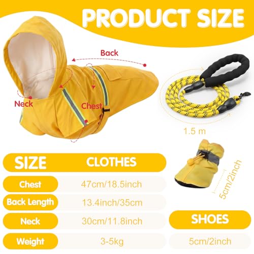3 Pcs Dog Raincoat Shoes and Leash Set with Reflective Strip Yellow Adjustable Waterproof Rain Jacket Coat Poncho Hoodies for Small Medium Dogs Pets Walking