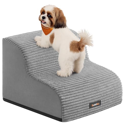 Feandrea 2-Step Dog Stairs, Dog Steps for Bed, Sofa, Waterproof Pet Stairs with Anti-Slip Designs, Gentle Slope, Removable Washable Cover, Handle, Dove Gray UPPS002G01 - size: 2-Step