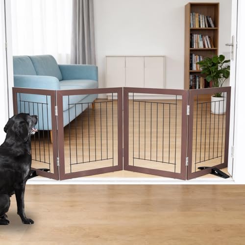 Dog Fence Indoor - 4-Panel Freestanding Dog Gate for Doorways, Hallways, House or Stairs -80x24-Inch Retractable Foldable Expandable Wood Pet by SFJC (Brown) - color: Brown, size: 【4 Panels】80''w X 24''h