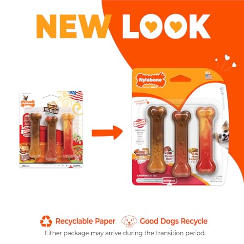 Nylabone Original Bone Power Chew Toy for Dogs, Durable Dog Toys for Aggressive Chewers, Flavor Frenzy Pancakes & Sausage, Roast Beef, & Lasagna, X-Small - Up to 15 lbs, 3 Pack - size: X-Small