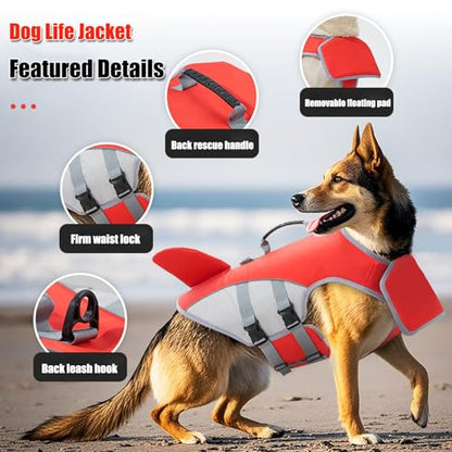 BAMY Shark Dog Life Jacket with Chin Float Pet Swimming Vest with Rescue Handle Large Dogs Safety Lifesaver Life Vest for Small Medium Large Dogs (Red, L) - color: Red, size: L