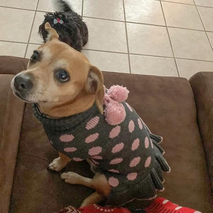 KYEESE Dog Sweater Dress Polka Dot Turtleneck Dogs Sweaters for Girl with Leash Hole Knit Pullover with Pom Pom Ball - color: 02# Polkadot (Grey), size: Large (13-19lbs)