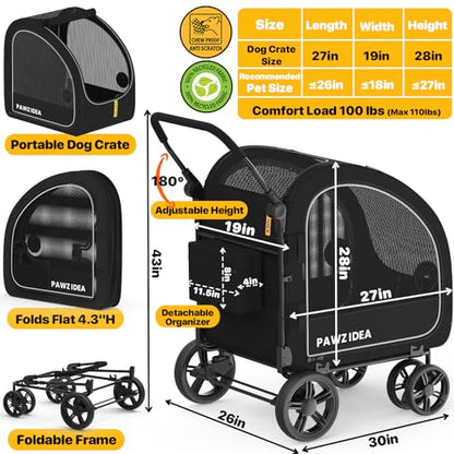 PAWZIDEA 3-in-1 Dog Stroller for Large Dogs with Detachable Carrier up to 100lb, 45% Extra Tall Dog Car Crate Sit Upright, Foldable Pet Stroller for 2 Medium Dogs All-Terrain Jogger, Adjustable Handle - color: Black Warrior